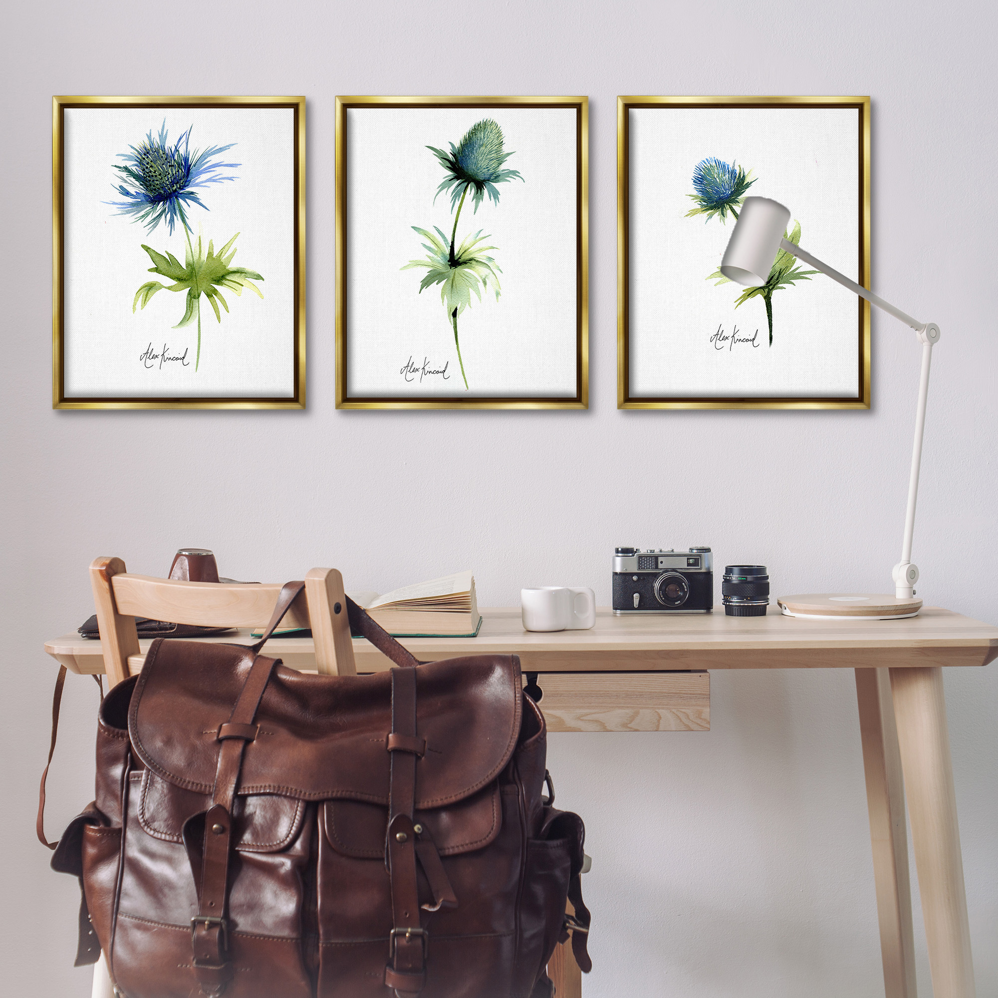 Stupell Industries Thistle Watercolors on White Botanical & Floral Painting Gold Floater Framed Canvas Art Print Wall Art, 25 x 31, Set of 3