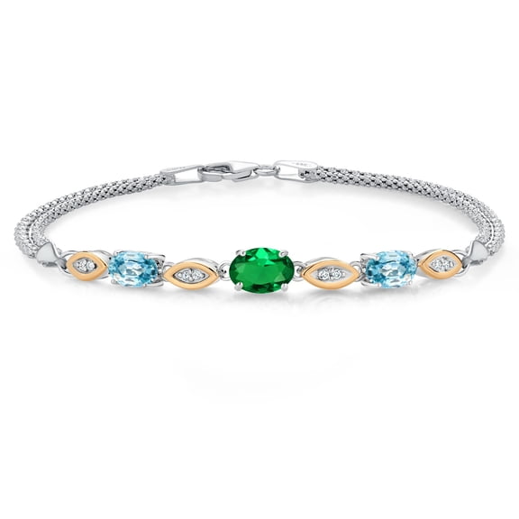 Gem Stone King 925 Silver and 10K Yellow Gold Green Nano Emerald and Blue Zircon and White Lab Grown Diamond Bracelet for Women (1.96 Cttw, Gemstone May Birthstone, Oval, Wheat Chain, 7.5 inches)