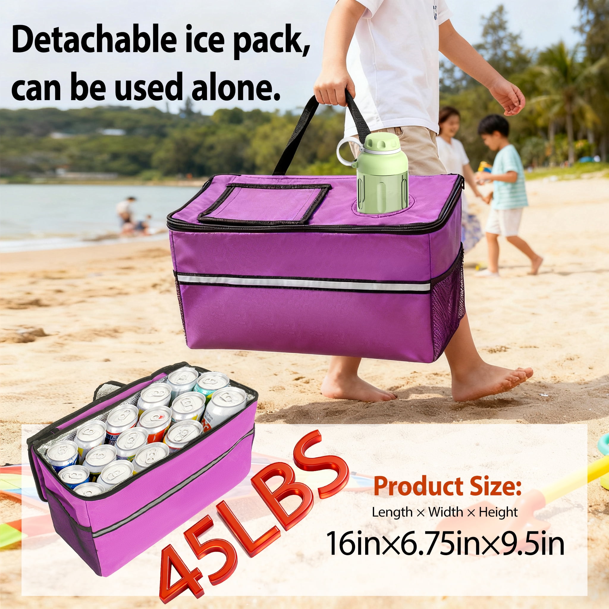 Patented 3‑in‑1 Heavy‑Duty Folding Wagon Cart with Bench Seat & Storage, 500lbs 180L All‑Terrain Utility Wagon with 1 Ice Pack, for Camping Beach Sports Garden Fishing, Purple