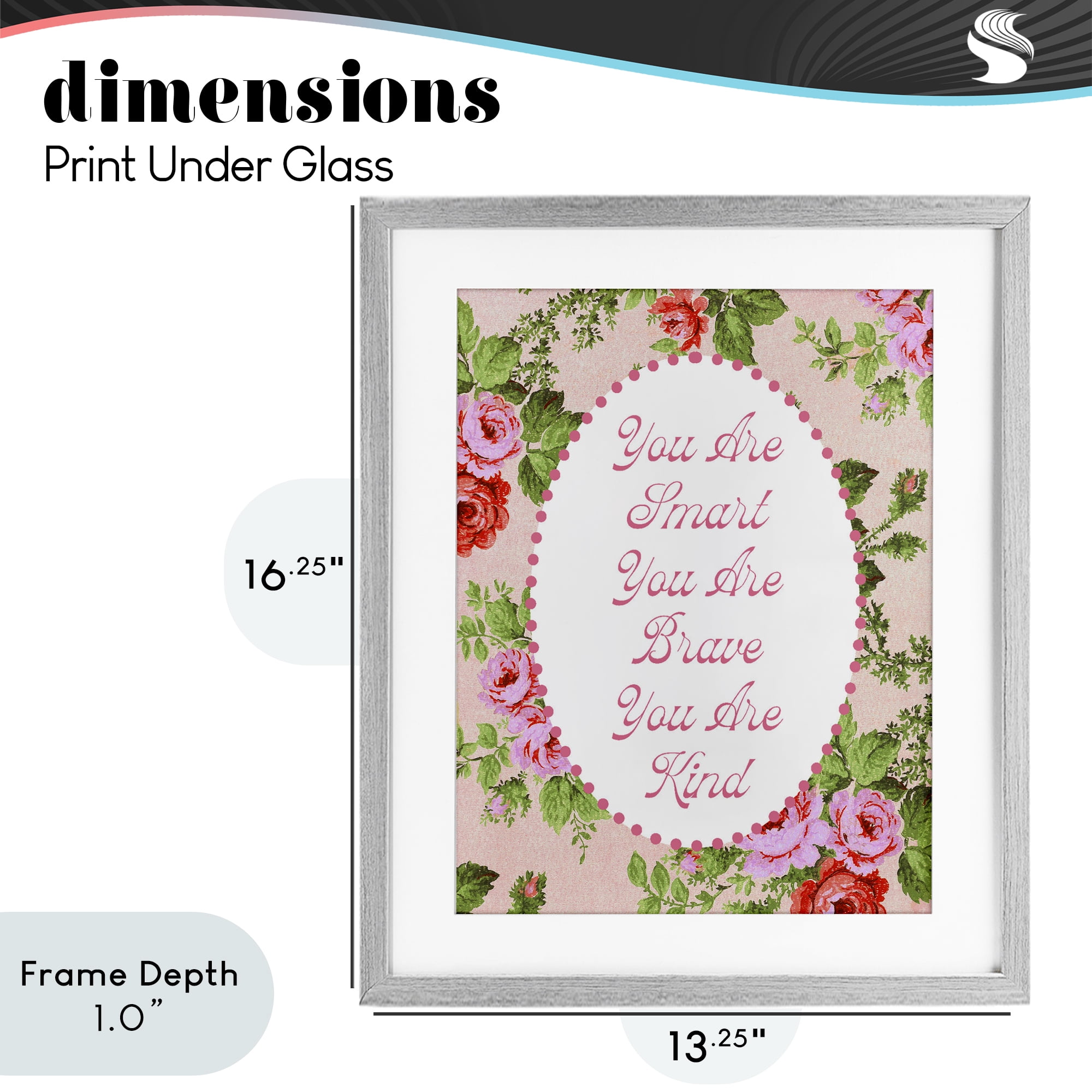 Stupell Industries Smart Brave & Kind with Vintage Florals Gray Framed Print Under Glass, design by Lil' Rue
