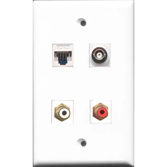RiteAV - 1 Port RCA Red and 1 Port RCA White and 1 Port BNC and 1 Port Cat5e Ethernet White Wall Plate