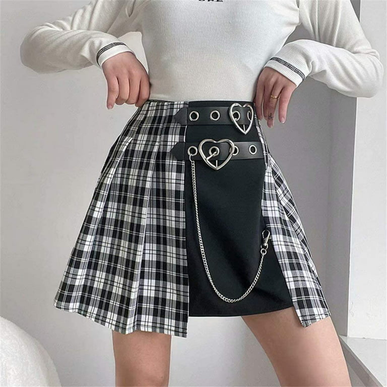  GTMANG Skirt Patterns for Sewing Women Women's Waist Chain  A-Line Skirt High Waist Check Pleated Skirt Black : ביגוד, נעליים ותכשיטים