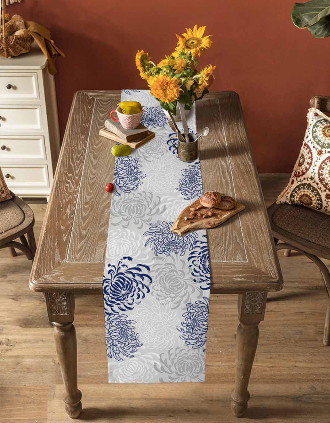 Table Runners 72 Inches Long Dress Scarves, Blue White Farmhouse Kitchen/Dining Table Runner, Coffee Tablerunners, Abstract Grey Chrysanthemum Flower Floral 13x72 Inch