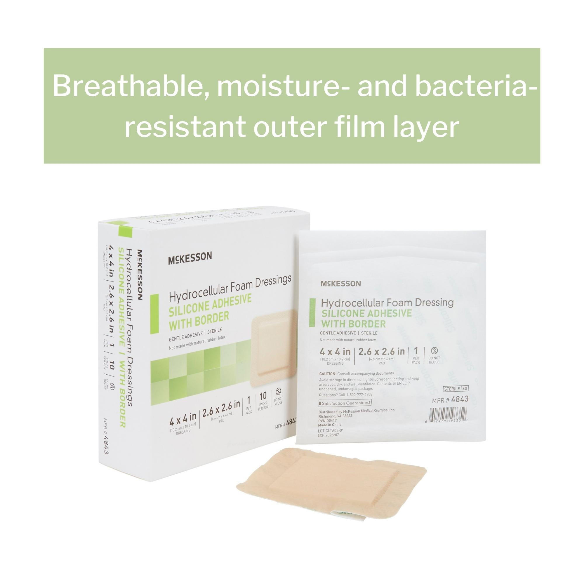 McKesson Hydrocellular Foam Dressing, Silicone Adhesive Bandage, 4 in x 4 in, 10 Count, 1 Pack