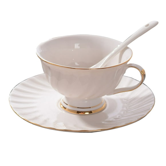 Glass&Bottle Set Coffee Cup and Saucer with Spoon White Ceramic Gold Trim Non- Body Easy-Clean Ideal for Home and Café