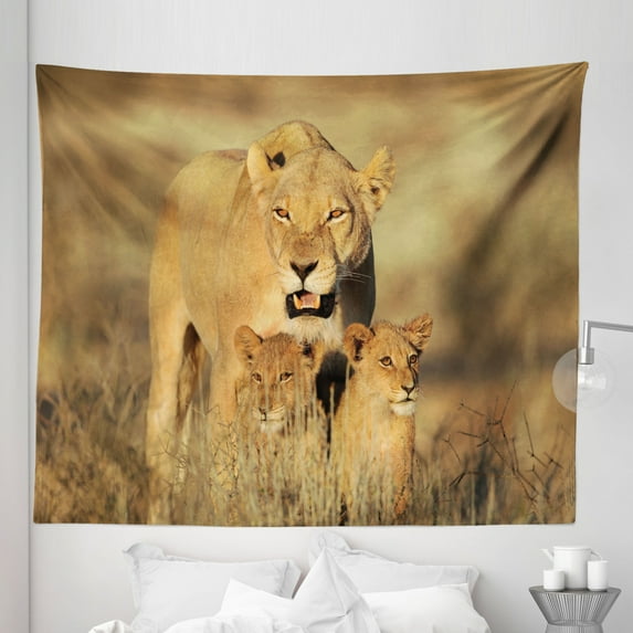 Africa Tapestry, Mom Lioness and Young Lion in South Nature Big Cats at Wilderness Safari Themed Print, Fabric Wall Hanging Decor for Bedroom Living Room Dorm, 5 Sizes, Cream, by Ambesonne