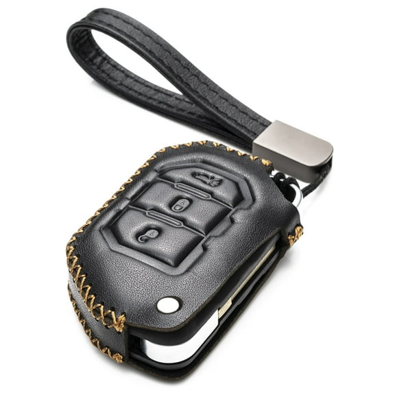 Vitodeco Genuine Leather Flip Key Fob Case Cover Protector with Leather Key Strap Compatible for 2018-2024 Jeep Wrangler (3-Button, Black)