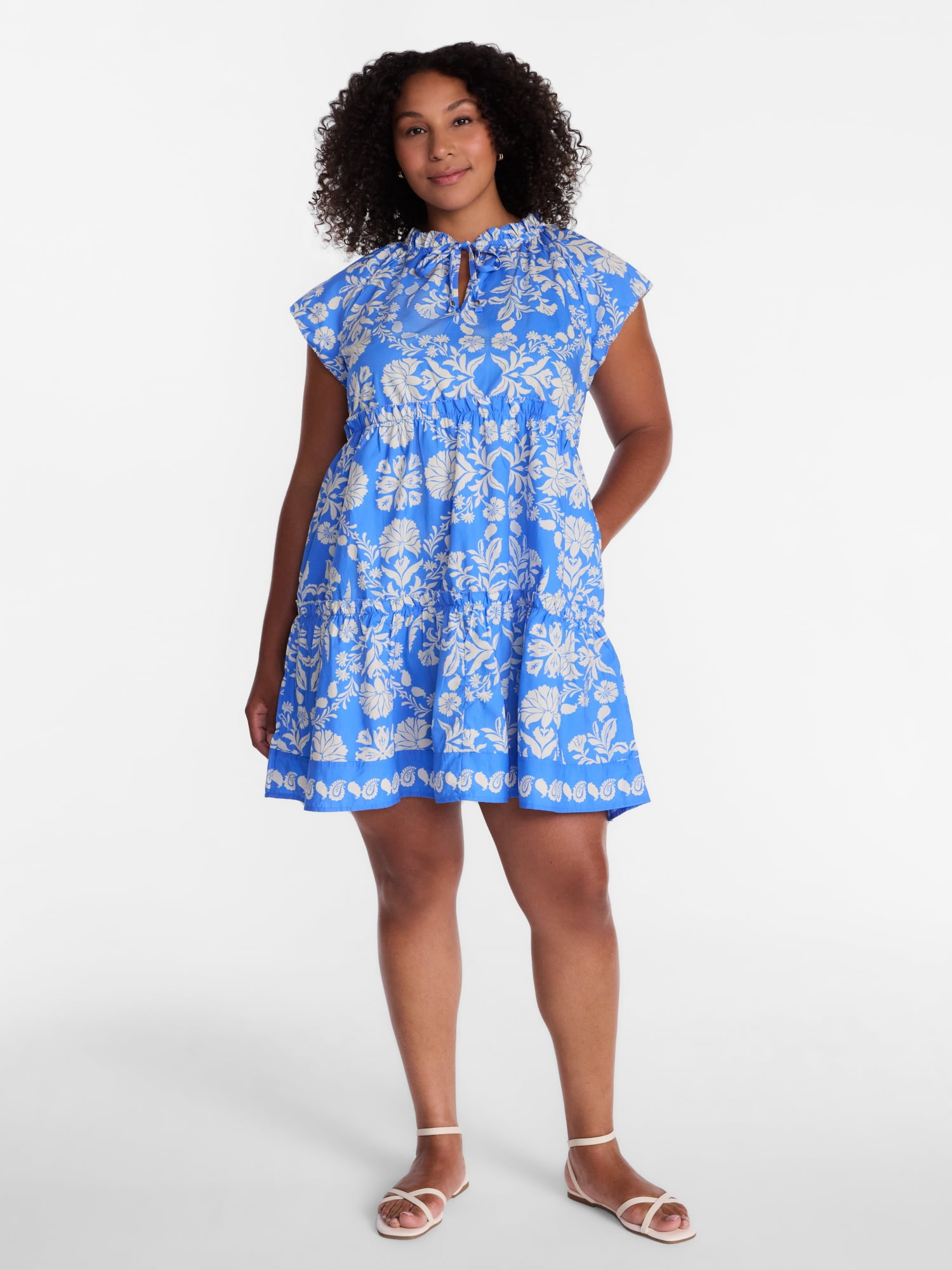 Time and Tru Women's and Women's Plus Tiered Cotton Mini Dress with Flutter Sleeves, Sizes XS-4X