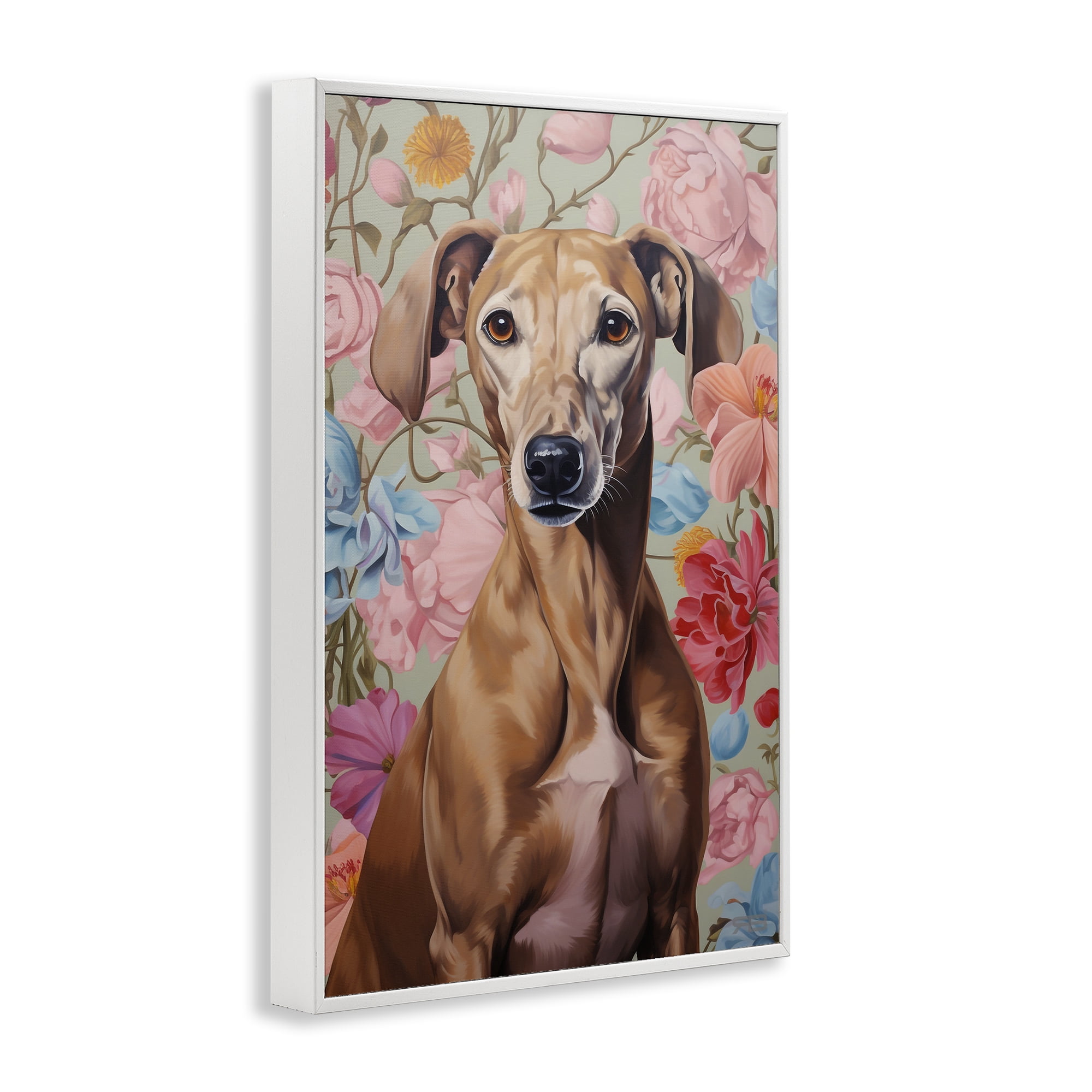 Stupell Industries Greyhound on Florals Animals & Insects Painting White Framed Art Print Wall Art, 12 x 18