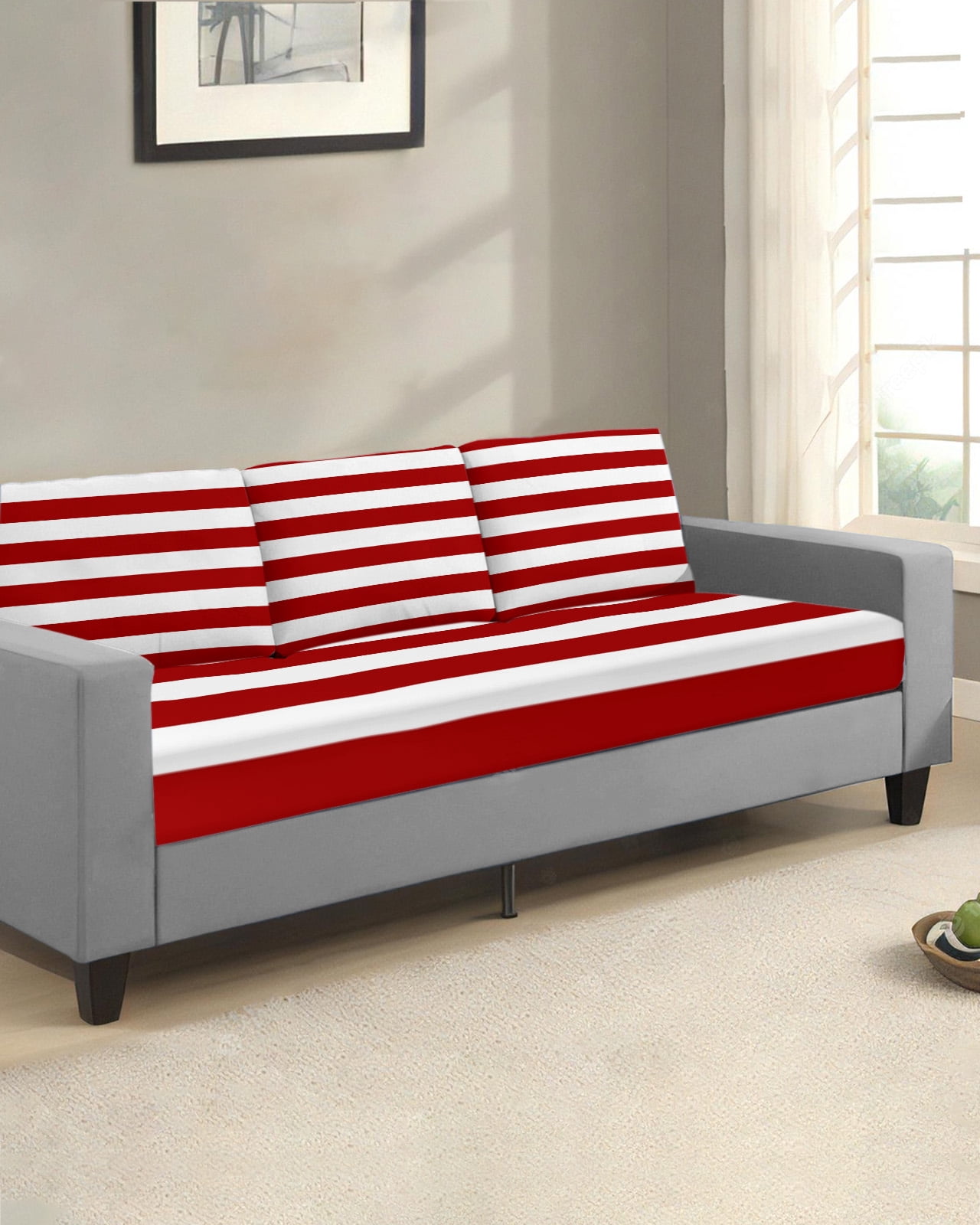Red Stripes Couch Cushion Covers Stretch, Washable Sofa Seat Covers Individual Seat Cushion Sofa Slipcovers Simple Red White Texture Couch Cover Furniture Protector S-1PCS