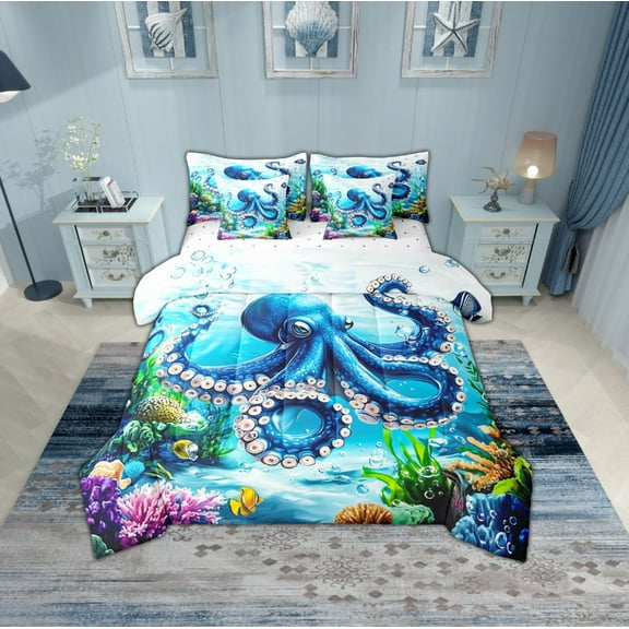 Erosebridal Blue Octopus Bedding Sets Twin Size,Underwater World Comforter Sets with Sheets,Ultra Soft Bed in a Bag Twin size,Teen Bedroom Decor,7pcs