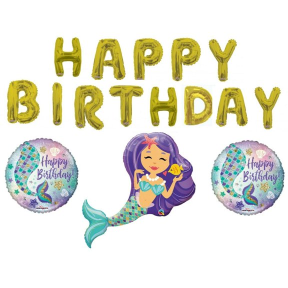 Mermaid Happy Birthday Letters Party Balloons Decoration Supplies Gold