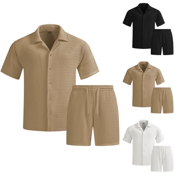 CHUMUD Men Summer Casual Shorts 2 Piece Outfits Sets Solid Short Sleeve Pocket Button Down Shirts Elastic Shorts Tracksuit