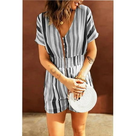 

Women s Fashion Casual V Neck Top Button Corset Print Short Sleeve Jumpsuit