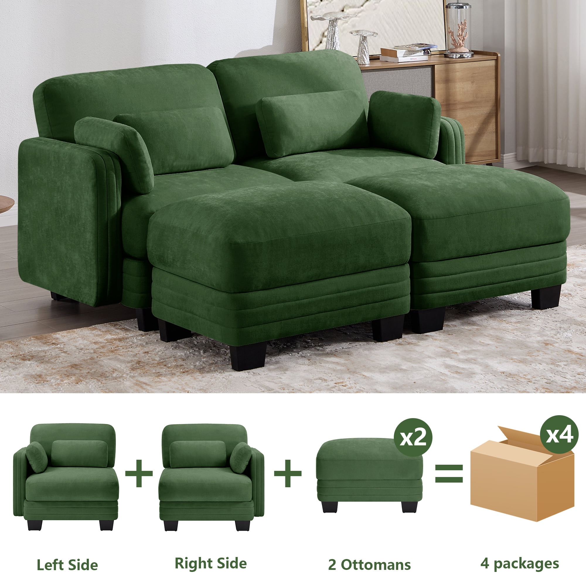 70" Modern Modular 2 Seater Loveseat Sofa Couch with 2 Ottoman and 4 Pillows