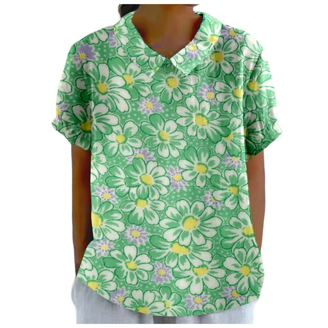 TSADFHJI Hauts de Fête de Noël pour Femmes Hauts Rétro Mode Coloré Ample Décontracté Col Rabattu T-Shirt Manches Courtes TG Vert