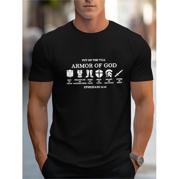 Men's "Put On The Full Armor of God" Graphic Tee - Casual Black Cotton T-Shirt with Inspirational Print, Breathable & Soft for Daily Wear & Spiritual Uplift