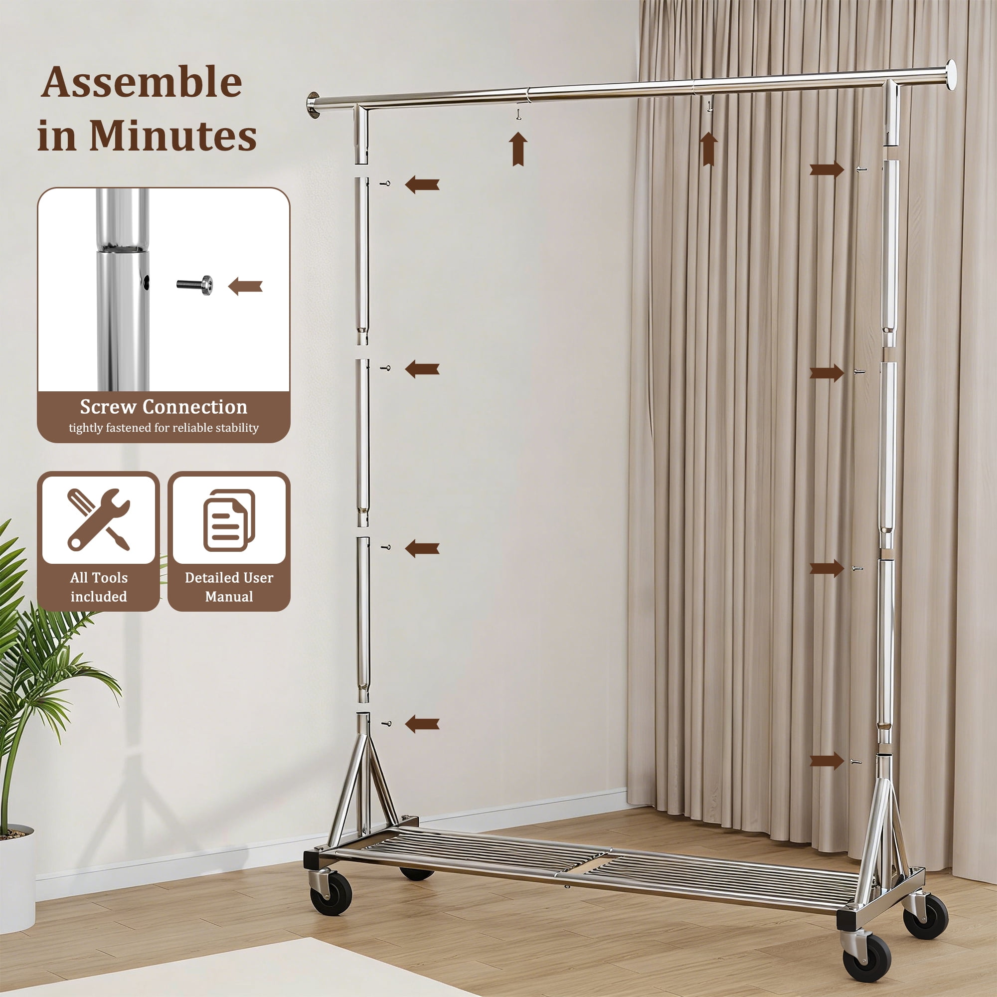 Mr IRONSTONE Heavy Duty Clothes Rack, Rolling Garment Rack with Lockable Wheels and Bottom Shelf, Metal Closet Organizer for Bedroom Laundry, Silver