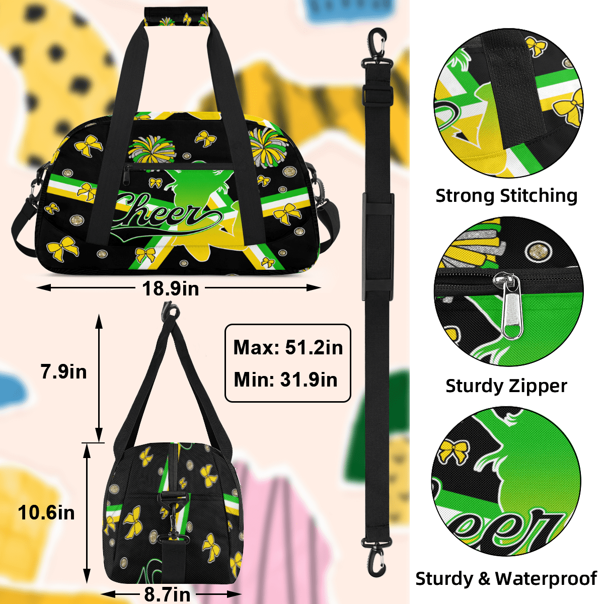 Herdesigns Cheerleader Bags Overnight Duffel Bags Cheer Green Yellow Sport Gym Bag Travel Bag Travel Waterproof Weekender Bag Carry On Travel Tote Bag Dance Bags