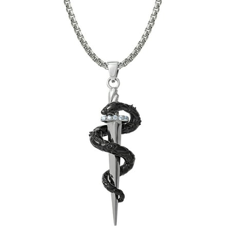 Brilliance Fine Jewelry Men's Stainless Steel Simulated Diamond Dagger Snake Pendant, 22 inches