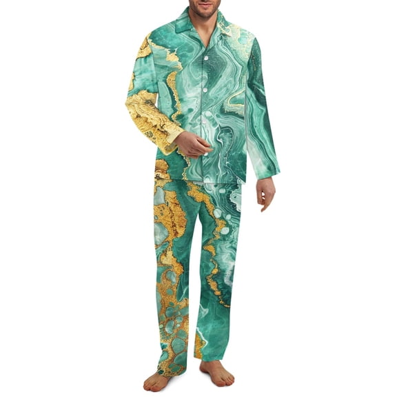 Yuyamidu Green Marble Print Button Pajama Set of 2 Men's Long Sleeve Night Shirt and Long Pants with Pockets Size 2XL Comfy V Neck Loungewear for Athletic Sleep Jogger
