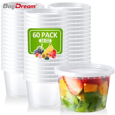 BagDream Food Storage Containers 60 Set 16oz Plastic Deli Containers with Lids, Slime, Soup, Meal Prep Containers
