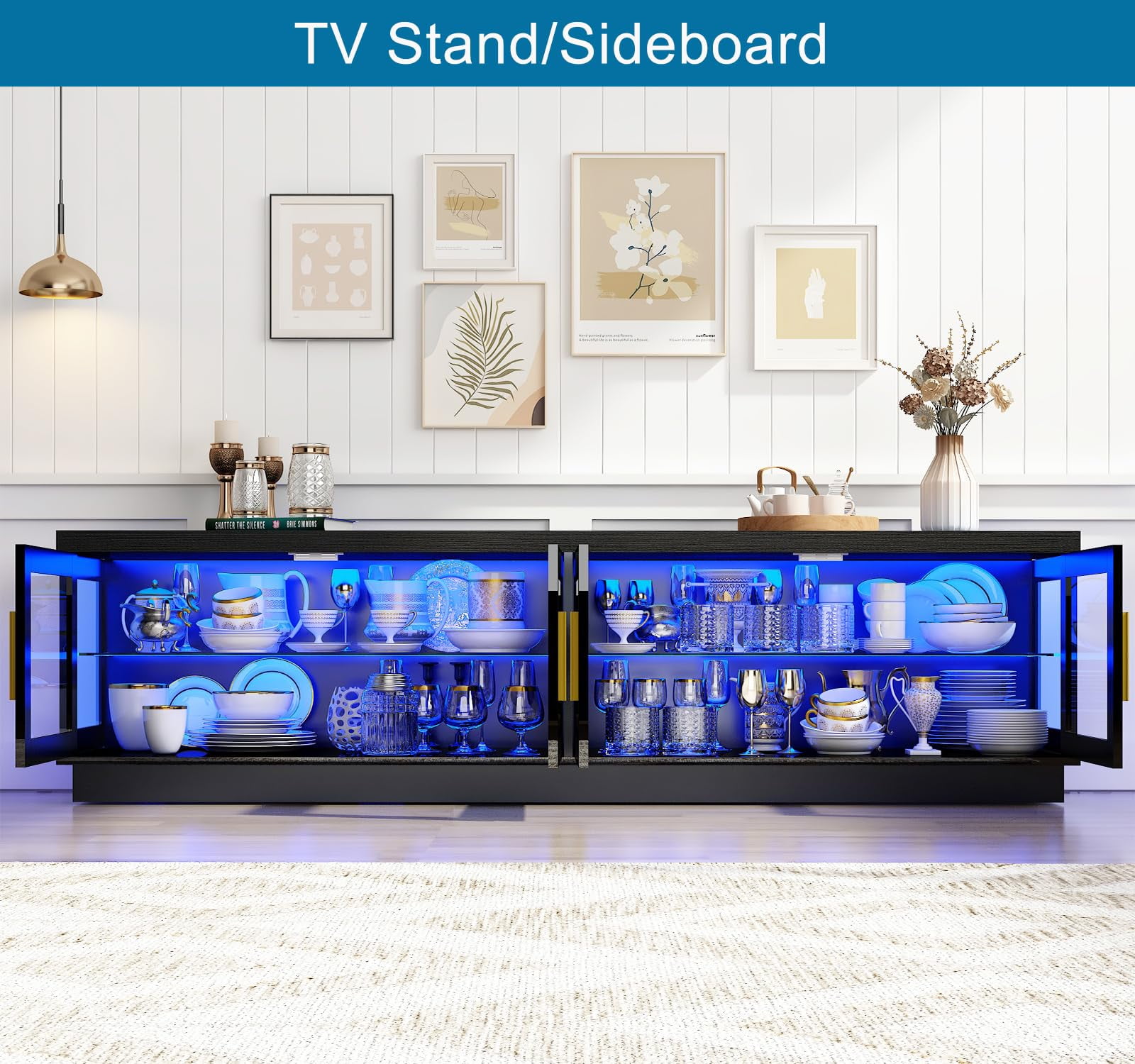 ChVans 71" LED TV Stand for 85/80/75inch TV, High Glossy Entertainment Center with Storage Cabinet & Glass Door, Modern TV Console Media Cabinet for Living Room, Bedroom (Black)