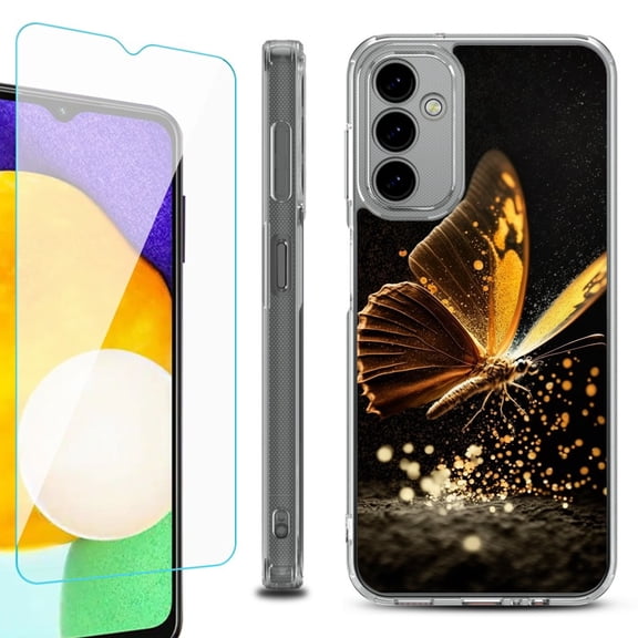 Shockproof Bumper Phone Case for Samsung Galaxy A14 5G, with Tempered Glass Screen Protector, by OneToughShield ® - Golden Butterfly