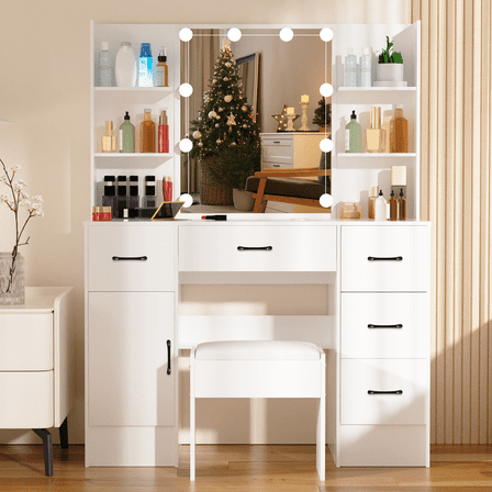 Teousev Makeup Vanity with 3 Color Lights, Vanity Desk with Sliding Mirror, Vanity Set Makeup Table, Storage Drawers and Shelves, White