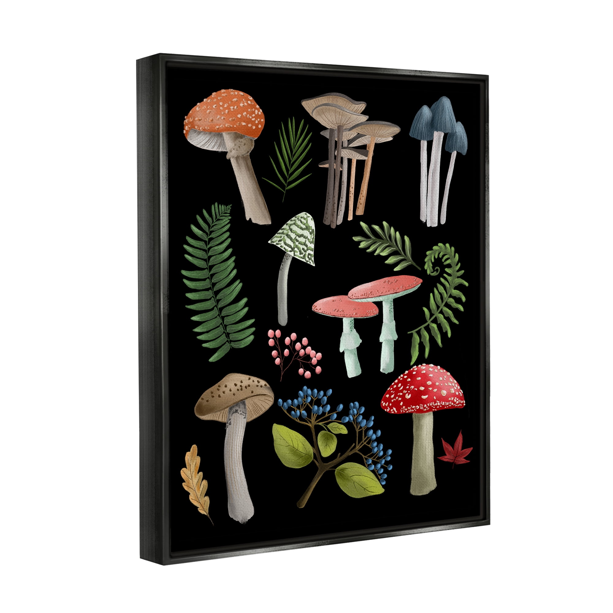 Stupell Industries Woodland Botanicals on Black Botanical & Floral Painting Black Floater Framed Canvas Art Print Wall Art, 17 x 21