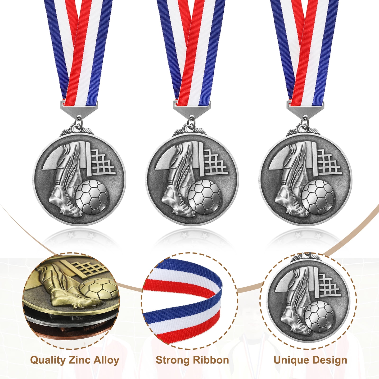Uxcell Football Events Mesh Embossing Award Medals with Ribbons, Winner Medals Prizes for Competitions Sports Party Silver