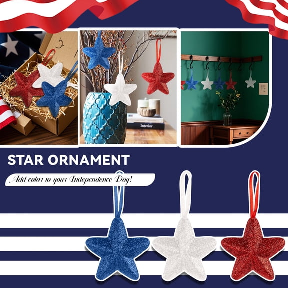 Fourth of July Decorations, Star Decorations, 2.16*2.16in Glitter Pieces, Patriotic Hanging Decor, Outdoor Parties, Red Blue White Tones, 24 Set