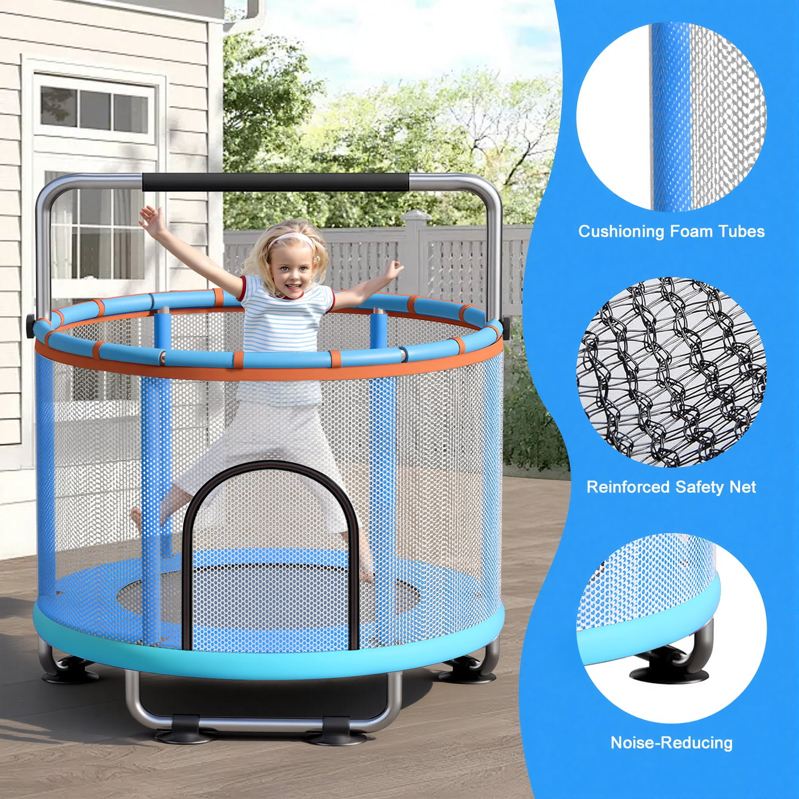 55" Kids Trampoline with Adjustable Gymnastics Bar , 600 LBS Capacity, Safety Enclosure Net & Fun Toys – For Indoor and Outdoor Play
