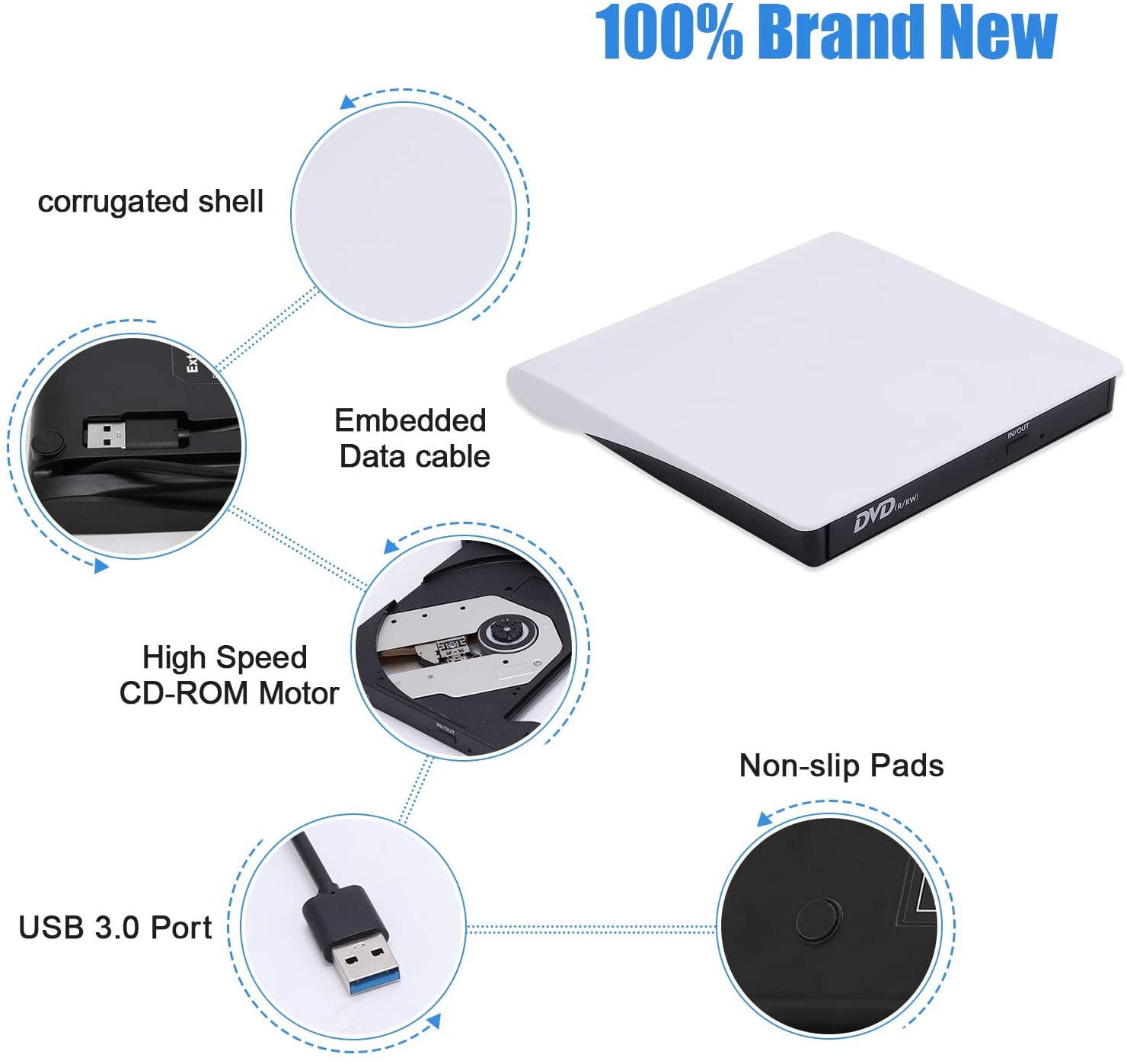 External CD DVD Drive, USB 3.0 Portable CD/DVD +/-RW Drive/DVD Player for Laptop CD ROM Burner Compatible with Laptop Desktop PC Windows Linux OS  White