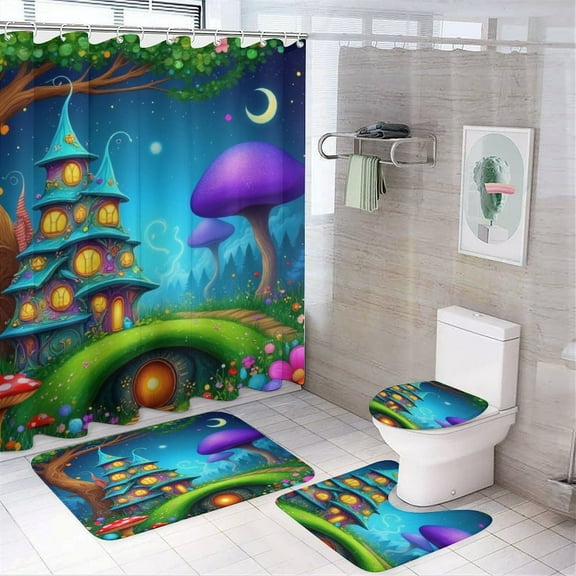Magical Forest Castle Night Shower Curtain Set Modern Bathroom Decor Mats 4pcs Fabric Bathroom Curtain Slip Floor Rug Toilet Lid