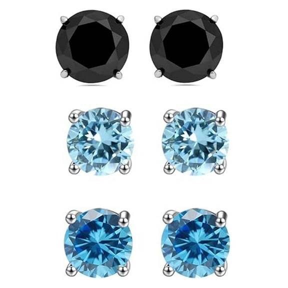 18k White Gold 3 Ct Black Sapphire, Aquamarine & Blue Topaz Round Stud Earrings Women Plated by Paris Jewelry