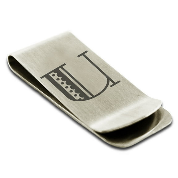 Stainless Steel Letter U Initial Metro Retro Monogram Engraved Engraved Money Clip Credit Card Holder
