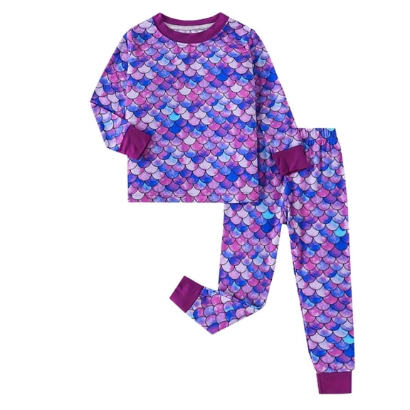 WOYY Girls Pajamas Scales Print Long Sleeve Top Pants PJs Sleepwear, 2-Piece, Sizes 2-10