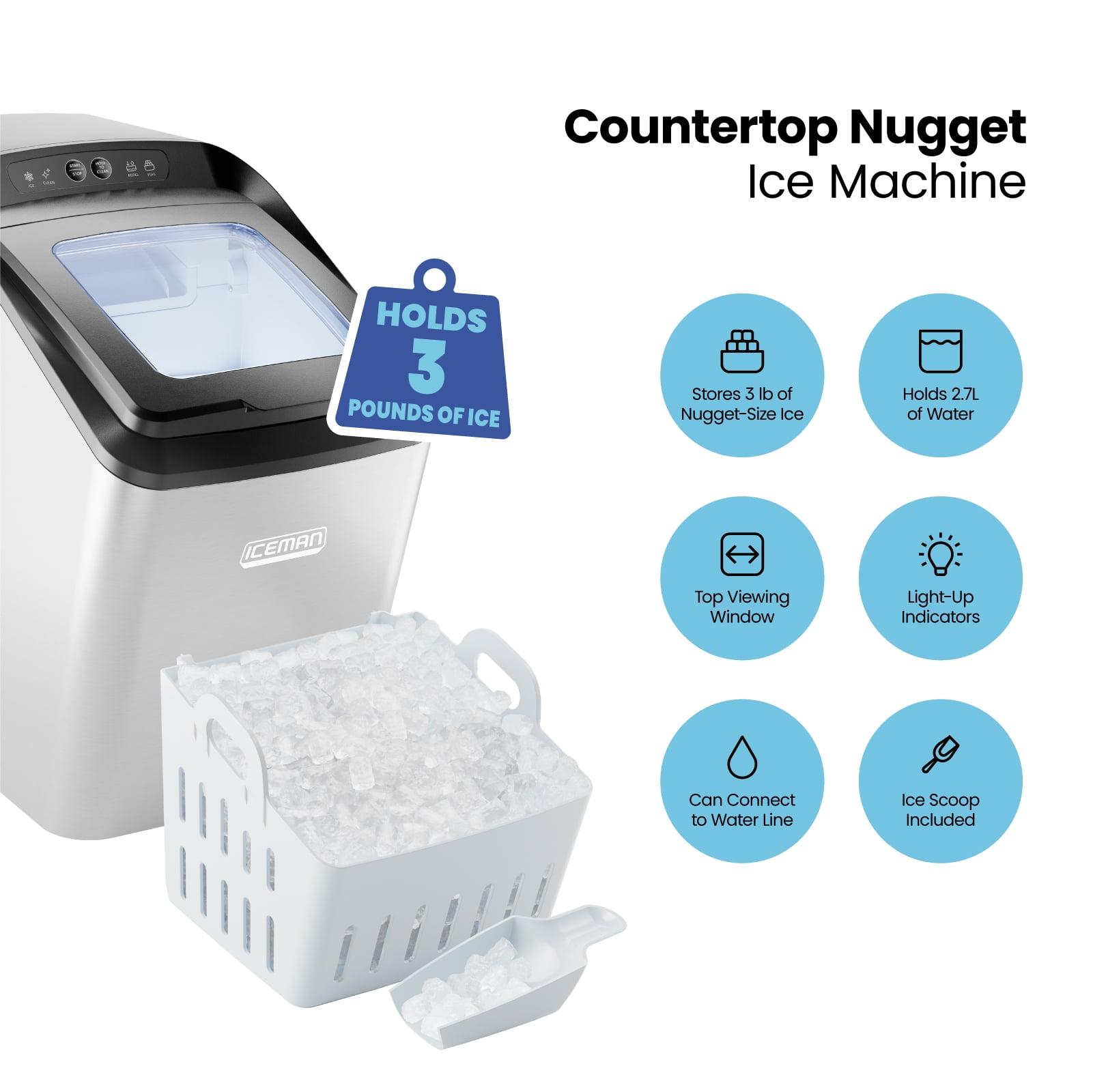 ICEMAN Countertop Nugget Ice Machine, Waterline Compatible, 3 lb. Capacity - Stainless Steel
