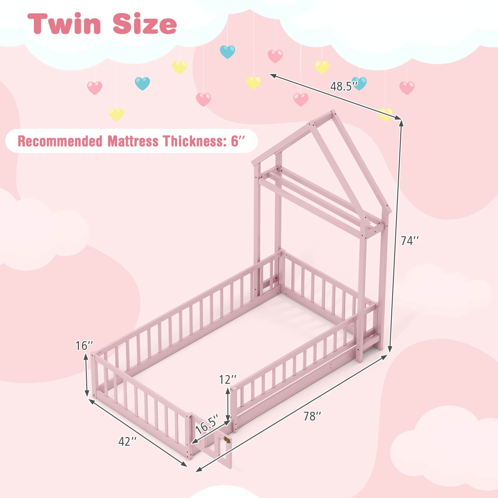 Costway Twin Size House Floor Bed with House-shaped Headboard Clothes Hanger without Slats Pink