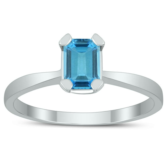 SZUL Women's Emerald Shaped 6X4MM Blue Topaz Solitaire Ring in 10K White Gold