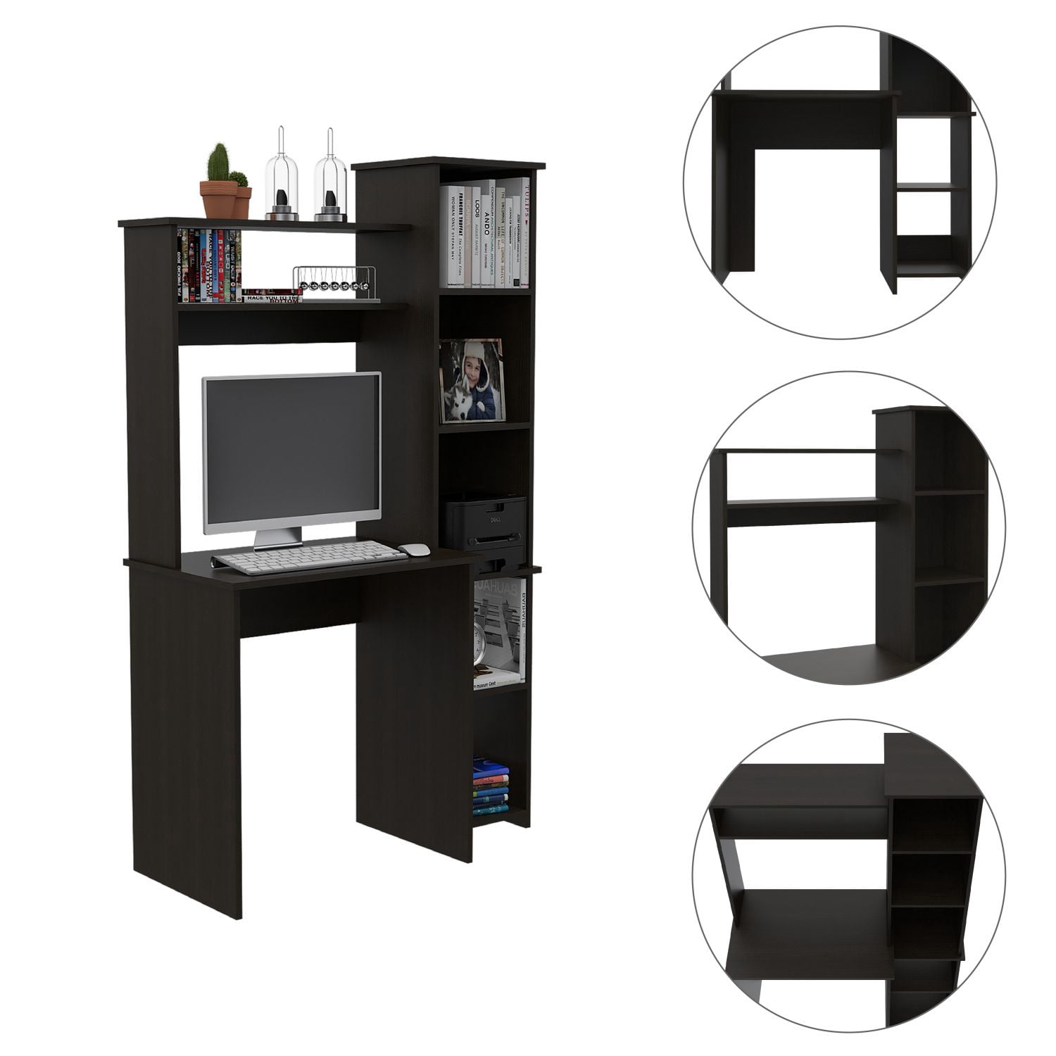 Asteroutdoor Wenge 6-Shelf Writing Desk with Built-in Bookcase, Particle Board, 39.7 in Wide, 63.9 in High, Home Office Study
