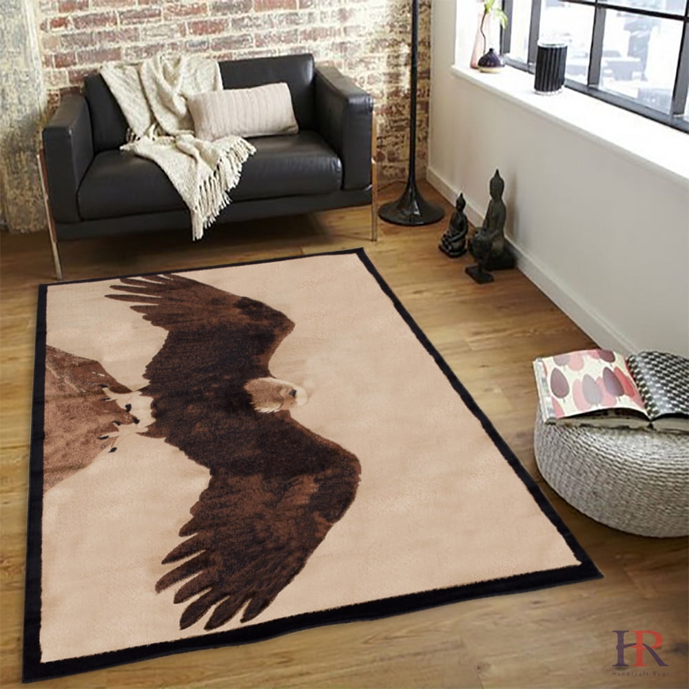 HR RUSTIC CABIN AREA RUG EAGLE AND MOUNTAIN DESIGN, BEIGE AND BROWN