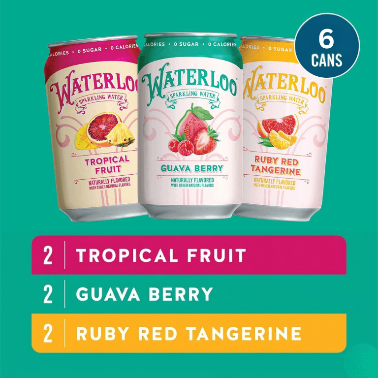 Waterloo Sparkling Water Variety Pack, Tropical Fruit, Guava Berry & Ruby Red Tangerine 12 fl oz Cans, (6 Pack)