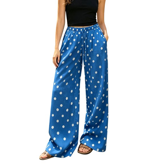 MVRLSH Women's Wide Leg Pants Gradient Elastic Waist Nine Inch Loose Trousers Decorated With Button Side Pocket Details Stretch Dress Casual Flowy Palazzo Pants Blue - XL