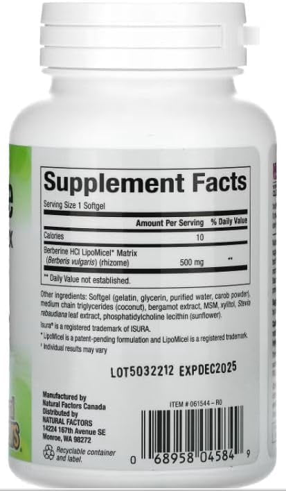 Natural Factors Berberine LipoMicel Matrix Softgels for Healthy Aging and Weight Management, 500 mg, 60 Softgels