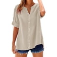 thumbnail image 2 of T Shirts For Women Beige Womens Tops Fashion Loose Button Stand Solid Color Sleeve Collar Casual Pocke Summer Tops, 2 of 7