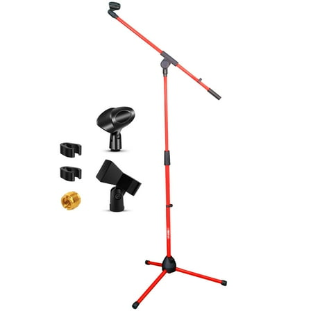 FITHOOD 5 Core Tripod Mic Stand Floor Adjustable 18 to 72 Inches Sturdy Boom Arm Holder Microphone Stands Pedestal Para Microfono for Singing MS 080 RED