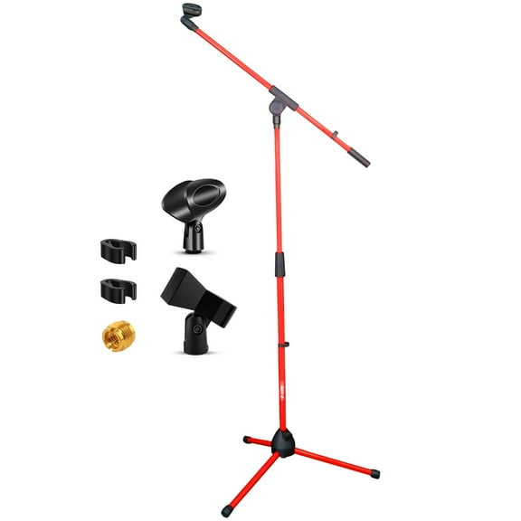 FITHOOD 5 Core Tripod Mic Stand Floor Adjustable 18 to 72 Inches Sturdy Boom Arm Holder Microphone Stands Pedestal Para Microfono for Singing MS 080 RED