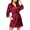 thumbnail image 2 of Oudiya Women's Silk Satin Robe Kimono with Short Lace Trim and Pockets 3/4 Sleeve Sexy Sleepwear for Bride, XS-XXL, 2 of 5